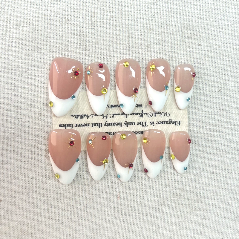 10pcs pure handmade nail art patches, pure white French style sparkling diamonds, minimalist style, high-end feeling, autumn and winter Press On Nails