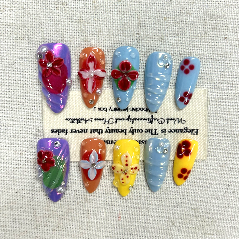 10pcs Hawaiian Dopamine Handmade 3D Removable Devil's Flower Removable Press On Nails Nail Stickers