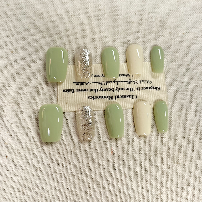 Daily Whitening Charm Handmade Phototherapy Press on Nails Green Milk Green Jumping Color Hand drawn Graffiti Summer Fresh Nail Art