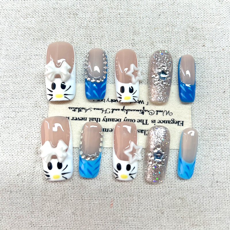 10pcs nail art cartoon cute cat hollow nail decoration with diamond alloy nail art Press On Nails