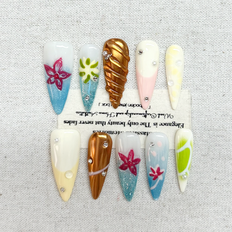 10pcs handmade new ins three-dimensional European and American carved dopamine whitening advanced detachable nail patch Press On Nails