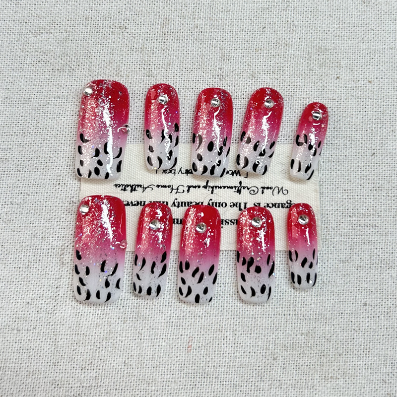 10pcs Heavy Industry Pink Zircon Leopard Nail Press On Nails Sparkling Diamond Pure Hand drawn Gradient French