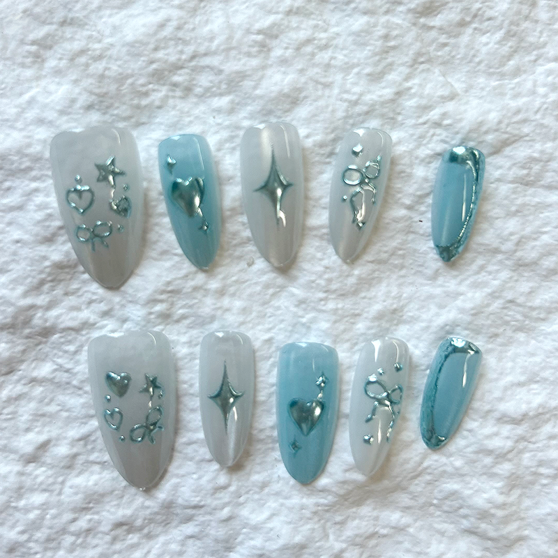 10pcs Blue Star Press On Nails Short Edition with High Quality and Elegant Charm, Eurowind Mint Manbo Nail Patch