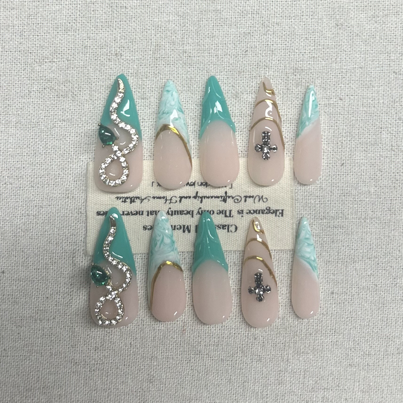10pcs pure handmade Press On Nails light luxury mint green temperament
