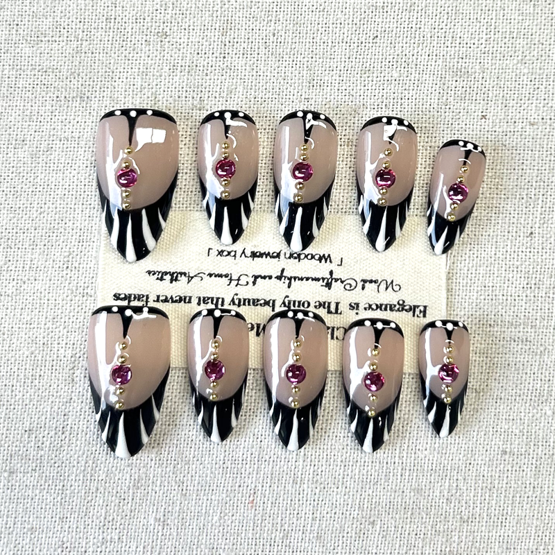 10pcs French Dot Diamond Almond Handmade Nail Art Press On Nails