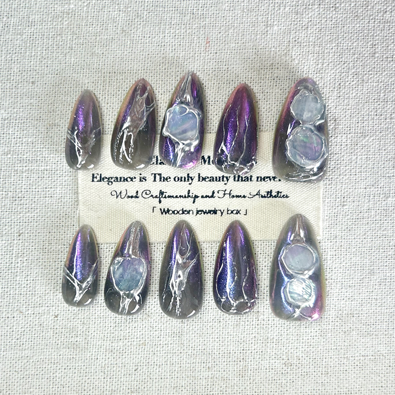 10pcs handmade Press On Nails almond nail 3D nail art gemstone design