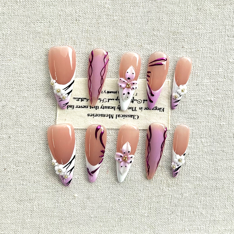10pcs Handmade Press On Nails Heavy duty Carved Hand drawn Whitening Versatile Nail Slices