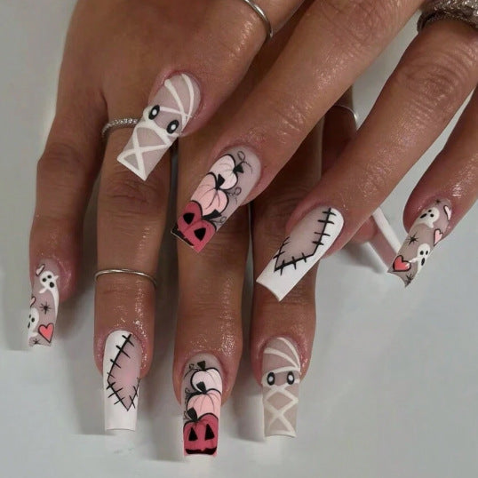 24pcs False Nails with glue flower design Coffin French Press-On Nails