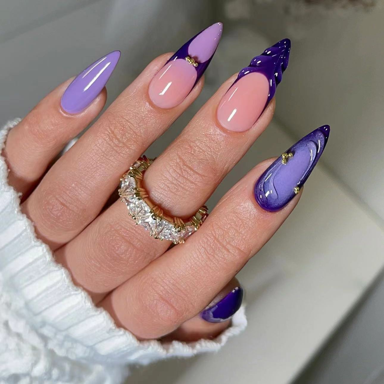 24pcs French Press on Nails Art Simple Pink Flower Star Desi