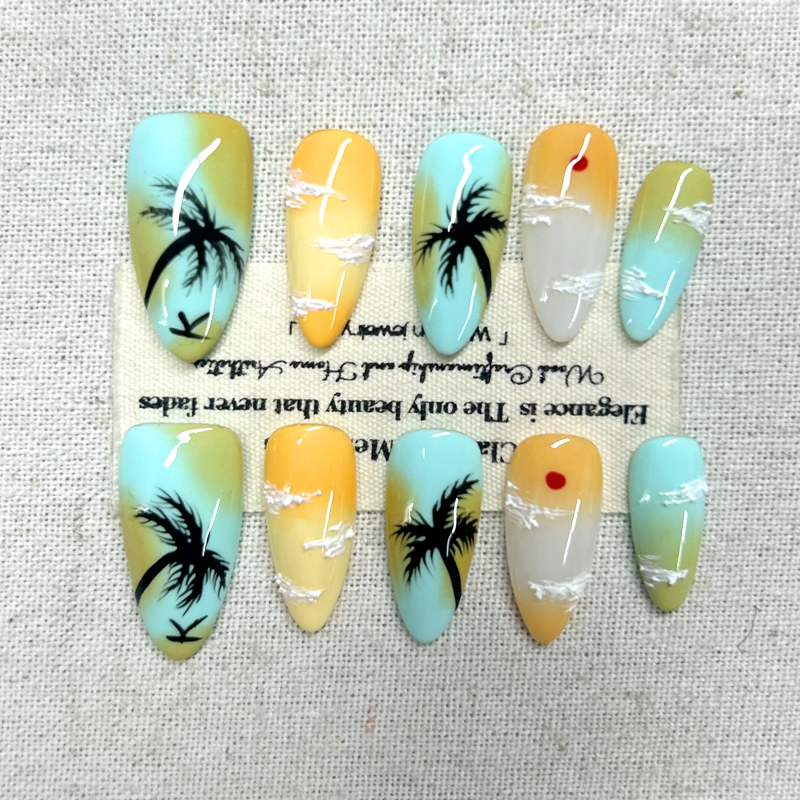 10pcs new ins style almond long ladder gradient dyed coconut tree Press On Nails