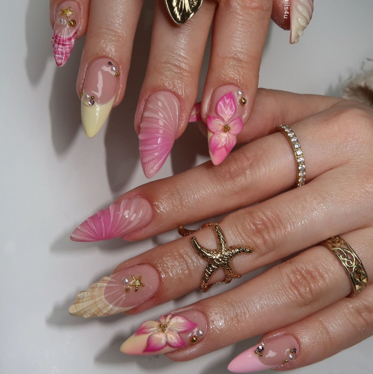 3D starfish gorgeous pearl flower shell pattern sweet girl European and American ins style nail art Press On Nails 24 pieces