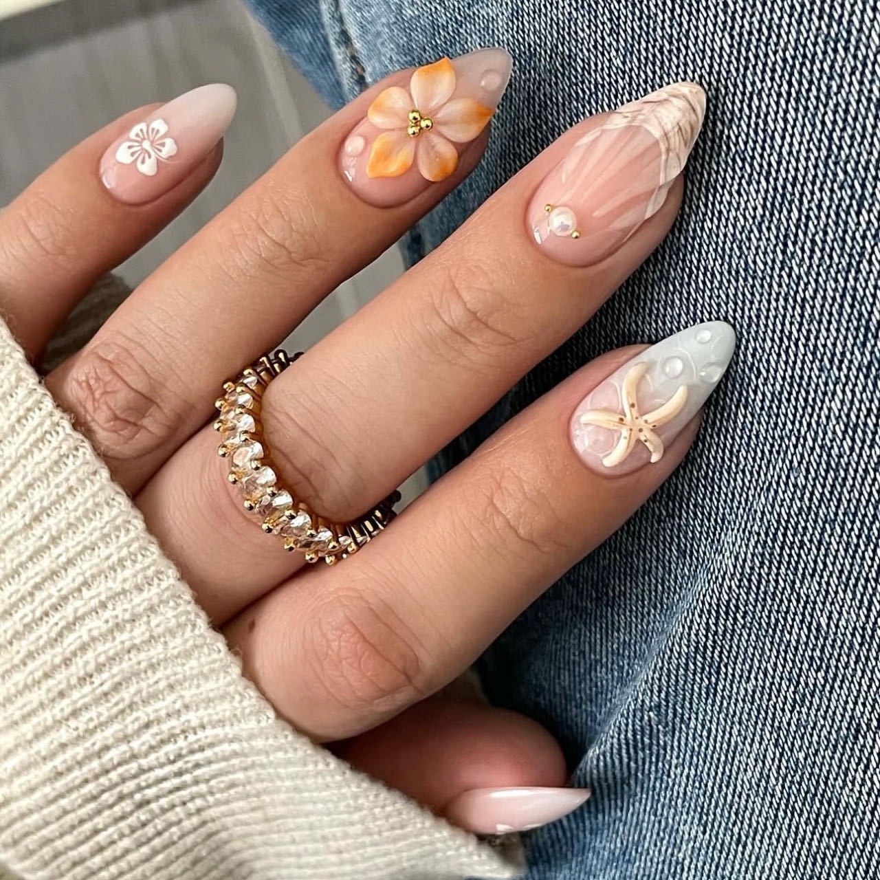 24PCS 3D Sweet Pink Flower Almond Press on False Nails with