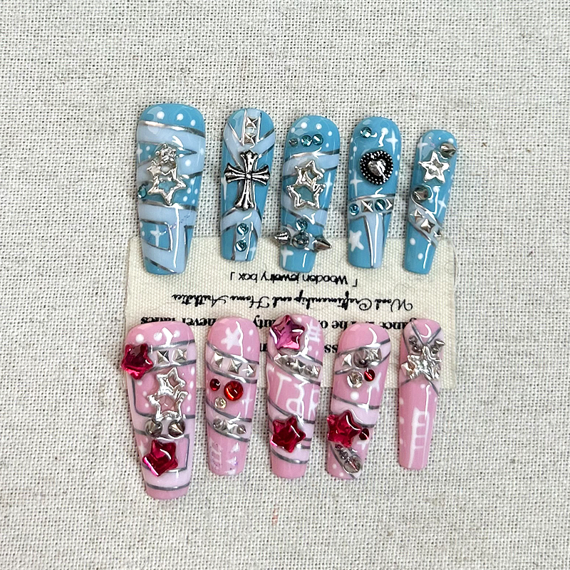 10pcs pure handmade wearing armor heavy industry blue evening nail art luxury Croheart niche style spicy girl nail art Press On Nails