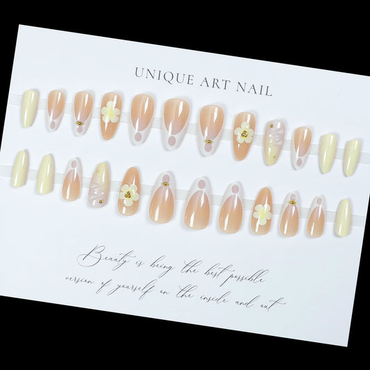 24PCS 3D Sweet Pink Flower Almond Press on False Nails with