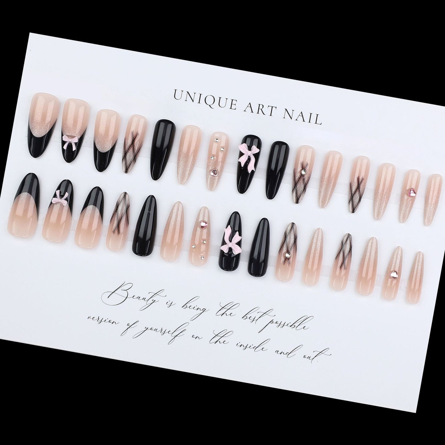 24Pcs Princess Grid Black French Bow Sticker Diamond Gradient Cat Eye Nail Medium Long Press On Nails