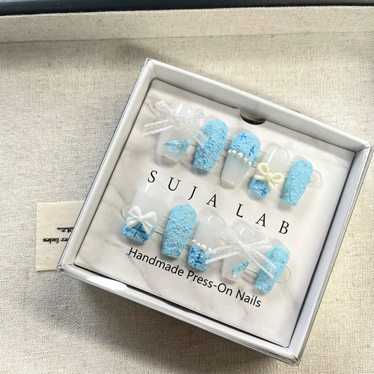 Fake nails - Acrylic blue ribbon fake nails, suitable for ladies and girls, 10 pieces