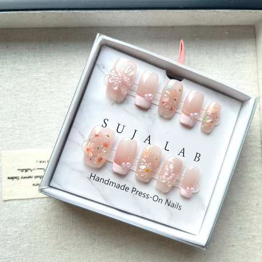 Fake nails - Acrylic flower and pearl fake nails, suitable for ladies and girls, 10 pieces