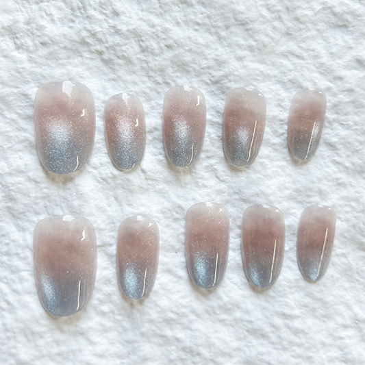 Summer handmade Press On Nails gradient ice transparent glass Zhuhai blue cat eye high-end feeling, simple and white nail patch set of 10 pieces