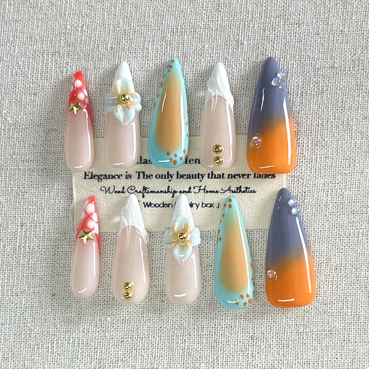 10pcs pure handmade Press On Nails French carved nail plate long pointed nail art
