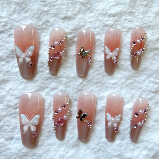 Press On Nails Premium Light Luxury Diamond Butterfly Handmade Wearing Armor, Cat Eye Charm, White Nail Patch, Detachable Fake 10 Piece Set
