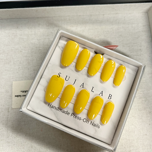 Press-on fake nails - Almond-shaped bright yellow full-coverage fake nails, press-on nail accessories, 10-piece set