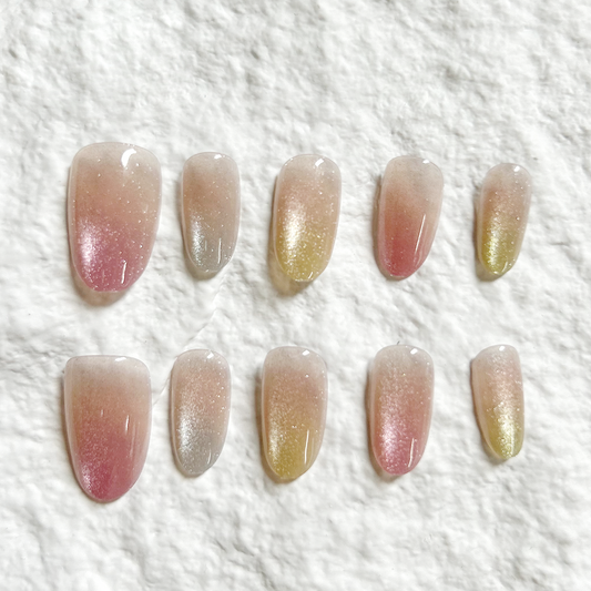 [Summer Dopamine] Rainbow Candy Cat Eye Nail Art Short, Advanced, White and Blunt, Handmade Press On Nails 10 Piece Set