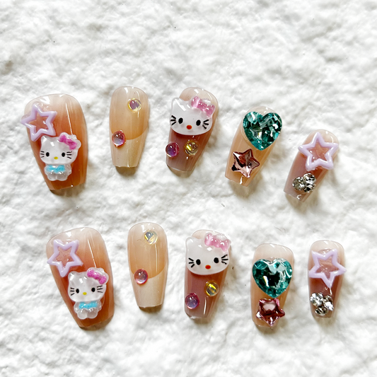 Cute Cartoon Press On Nails Short Edition 2025 New Graffiti Kitten Nail Art Children's Fun Fake Nail Patch Finished 10 Pieces Set