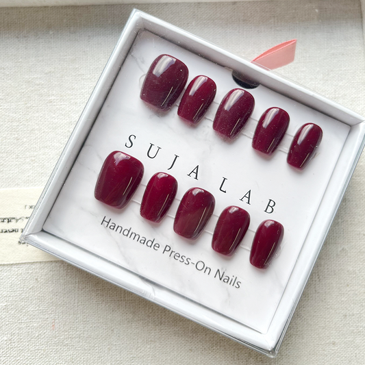 Press-on fake nails - Acrylic burgundy solid-color nails, suitable for ladies and girls, 10 pieces