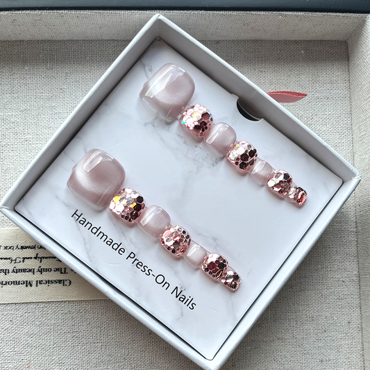 Press-on fake nails - Acrylic purple cat-eye toe nails with diamonds, nude-colored with diamonds, for ladies and girls, 10 pieces