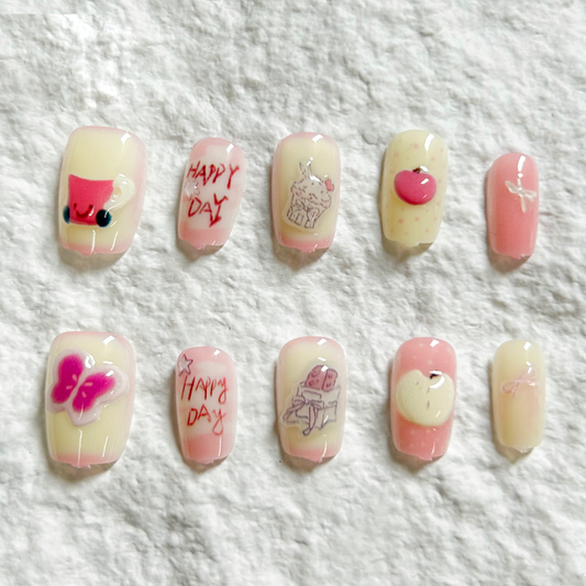 Pink Girl Heart Korean Press On Nails 3D Apple Butterfly Short Cute Bright Color Nail Patch Set of 10 pieces