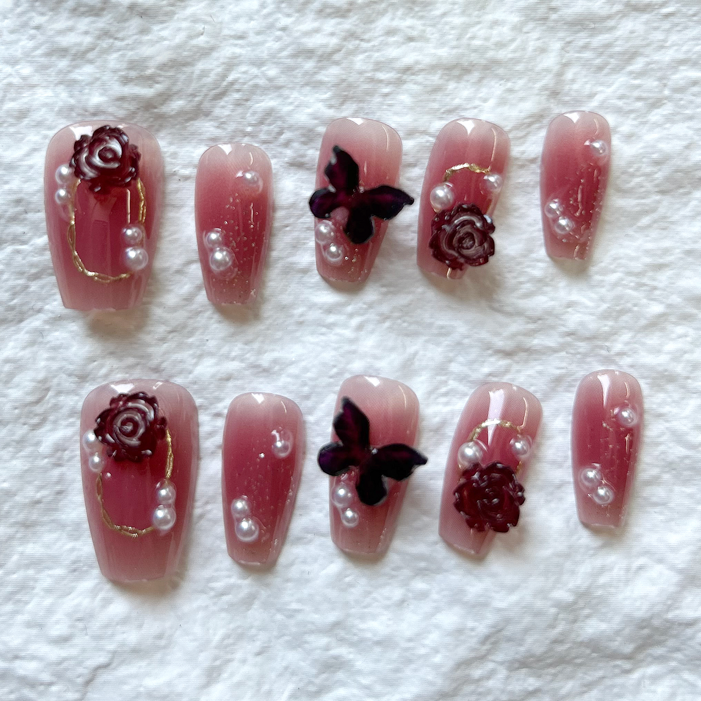 Handmade Press On Nails Spicy Girl Wine Red Mountain Camellia Butterfly Fake Nail Handmade Wearing Nail Patch Nail Whitening 10 Piece Set