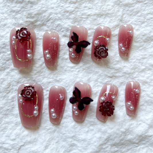 Handmade Press On Nails Spicy Girl Wine Red Mountain Camellia Butterfly Fake Nail Handmade Wearing Nail Patch Nail Whitening 10 Piece Set