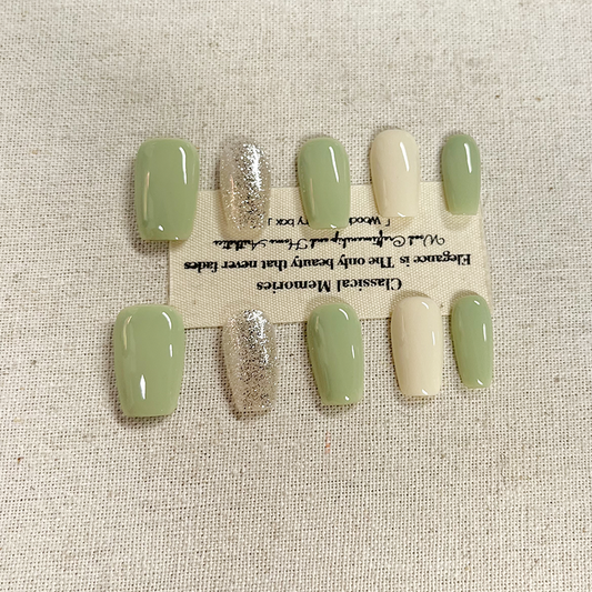Daily Whitening Charm Handmade Phototherapy Press on Nails Green Milk Green Jumping Color Hand drawn Graffiti Summer Fresh Nail Art