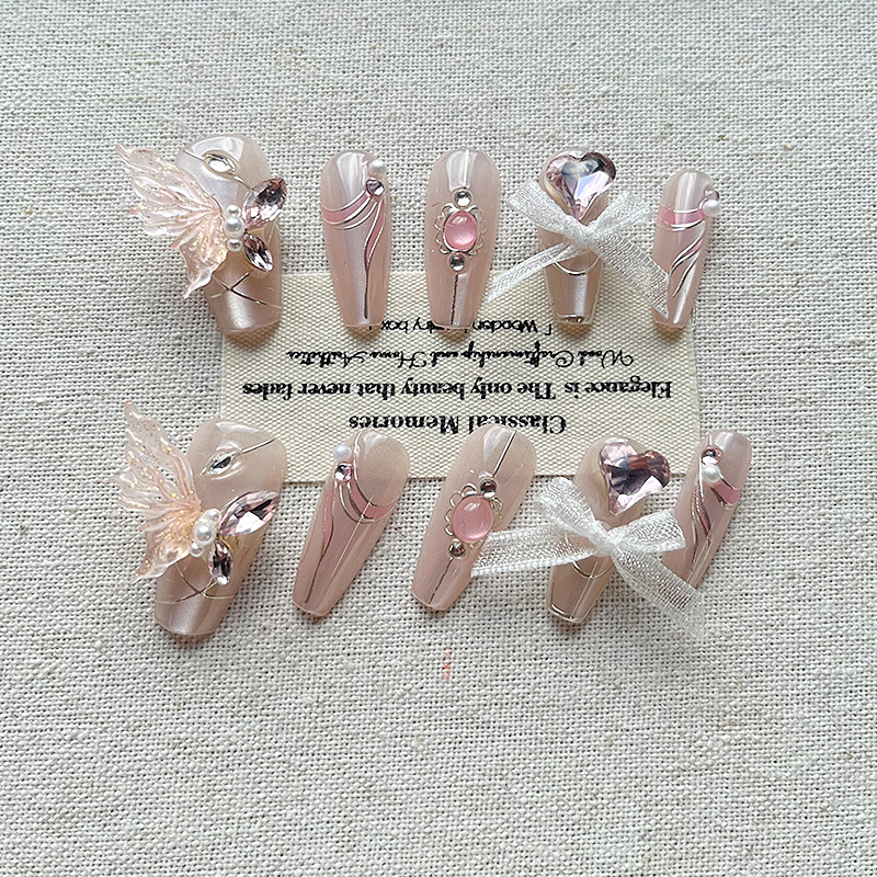 2025 new butterfly handmade Press on nails embroidered ball flower ancient style new Chinese style tassel high-end temperament medium long style