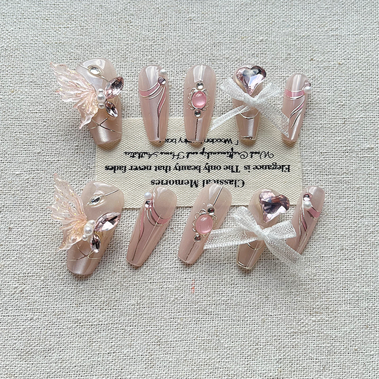 2025 new butterfly handmade Press on nails embroidered ball flower ancient style new Chinese style tassel high-end temperament medium long style