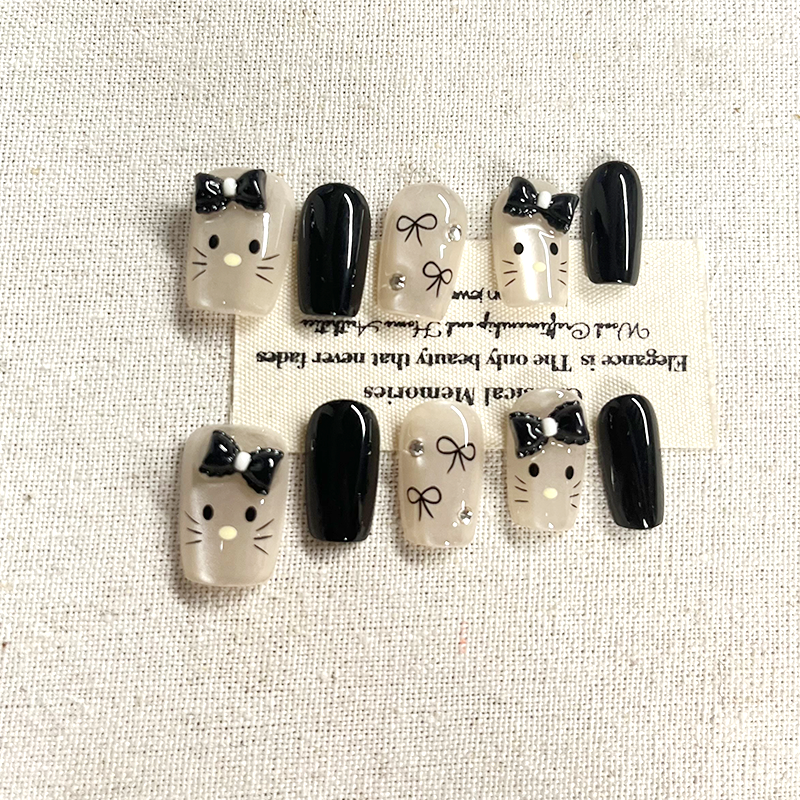 New Handmade Nail Art Dark Cute Kitty Cat Eye Bow Sweet Cool Wave Point Press on Nails Short Nail Slices