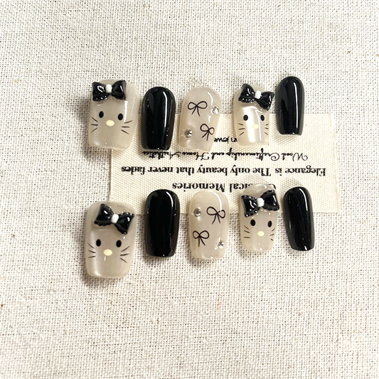 New Handmade Nail Art Dark Cute Kitty Cat Eye Bow Sweet Cool Wave Point Press on Nails Short Nail Slices