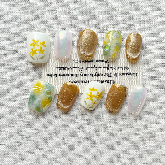 Cat Garden Cute and Sweet Hand drawn Flower Cute Little Cat High end Customization Pure Handmade Press on Nails Nail Slices 10 Pack
