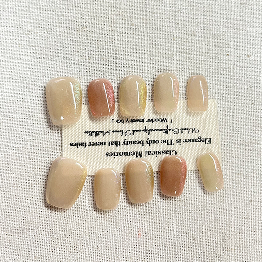 Fairy style gentle temperament nude pink simple glass bead cat eye French short press on nails