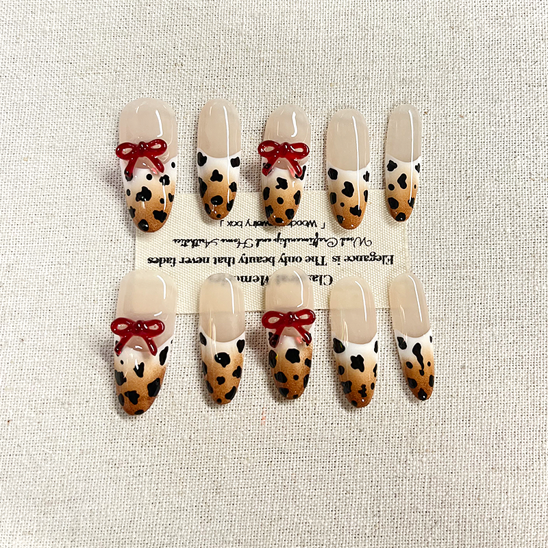 C+Three dimensional bow leopard print nail art Press on nails brown wine red pure hand drawn gradient French original design