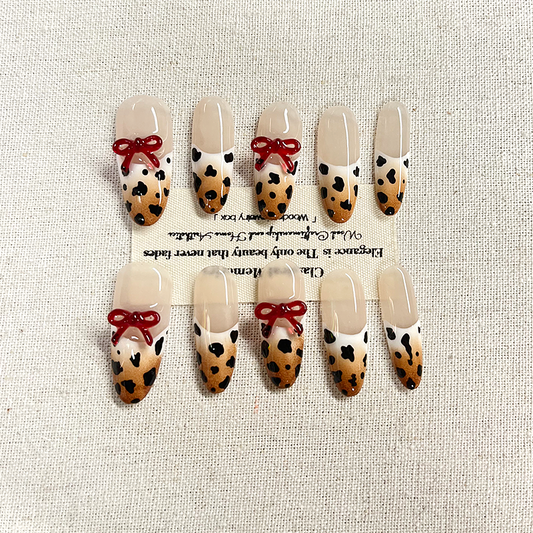 C+Three dimensional bow leopard print nail art Press on nails brown wine red pure hand drawn gradient French original design