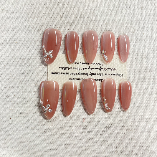 Pure handmade Press on nails Pure nude Solid color Gradual change powder blusher matching diamond girl heart Cute light luxury matching diamond nail