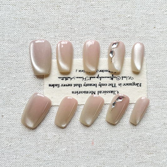 Pink Haili pure handmade Press on nails nude color temperament magic mirror powder high-end feeling electroplated cat eye whitening nail art