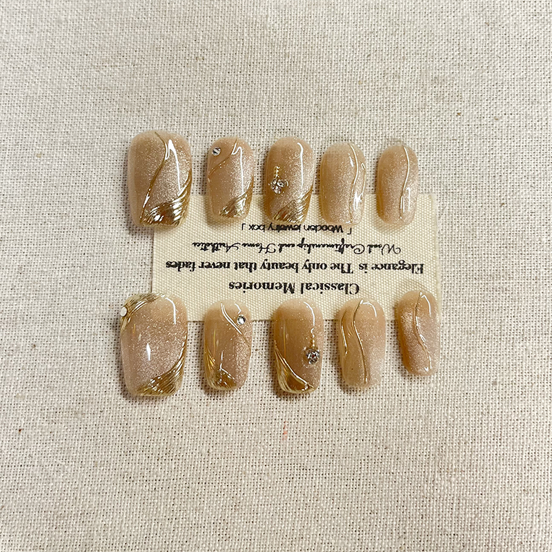 Flow colored gilded amber handmade Press on nails, high-end personalized white cat eye gradient, detachable and detachable Press on nails
