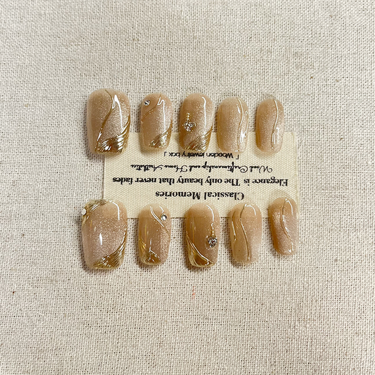 Flow colored gilded amber handmade Press on nails, high-end personalized white cat eye gradient, detachable and detachable Press on nails