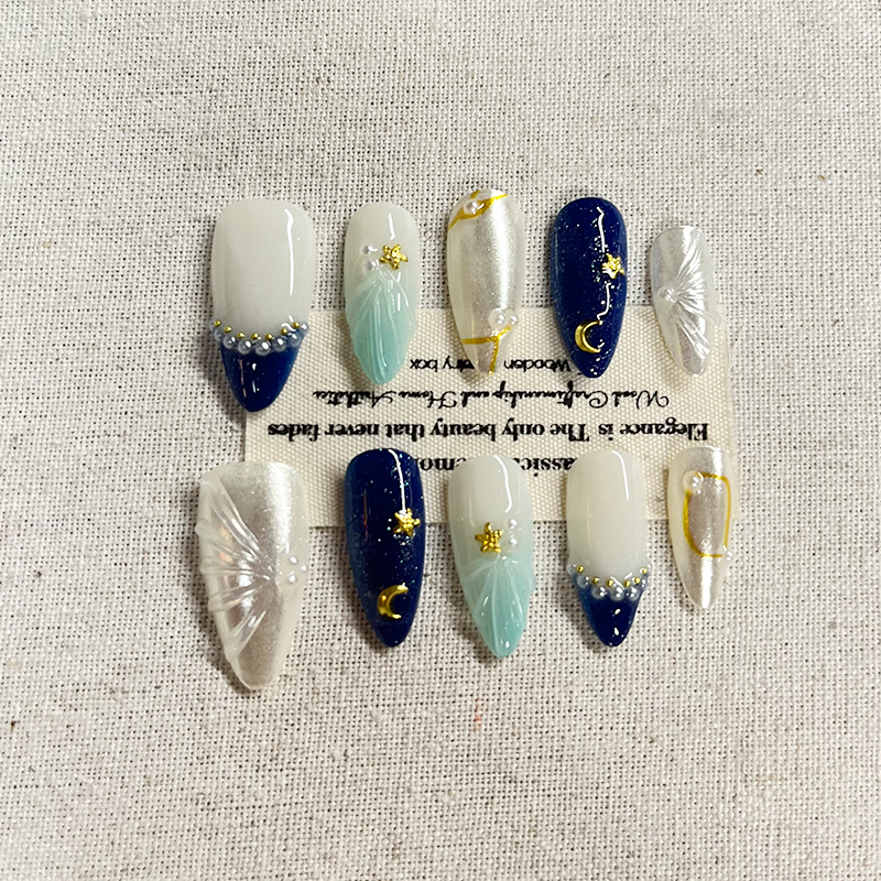Press-on fake nails - Acrylic ocean wave nails, suitable for ladies and girls, 10 pieces