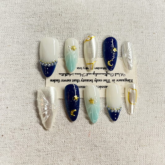 Press-on fake nails - Acrylic ocean wave nails, suitable for ladies and girls, 10 pieces