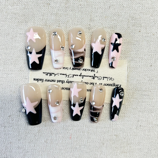 10pcs handmade Press On Nails premium style new French hand-painted star sweet cool white finished nail art nail patch