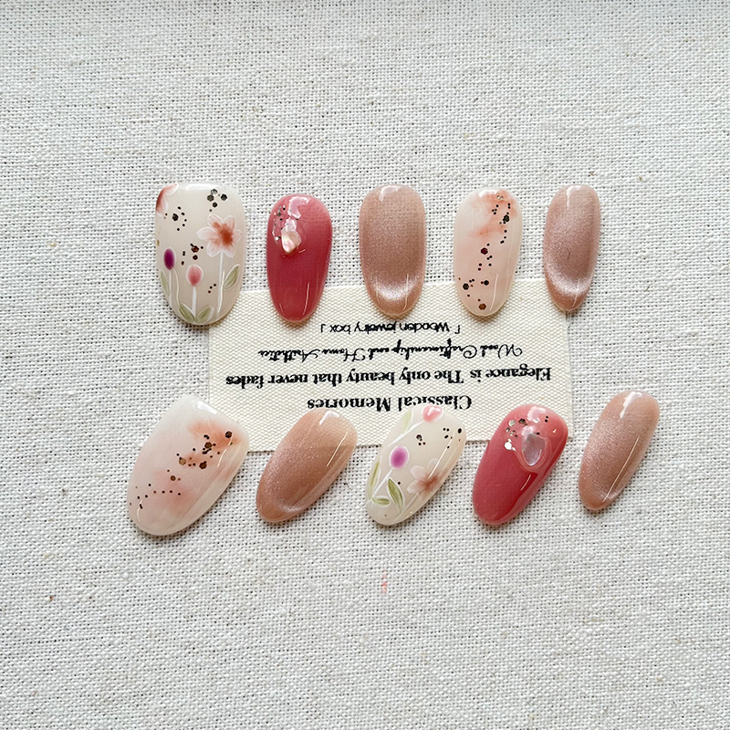 2025 New Wine Heart Cherry Hand drawn Cat Eye Nail Art Short, Advanced, Whitening, Pure Handmade Press on Nails