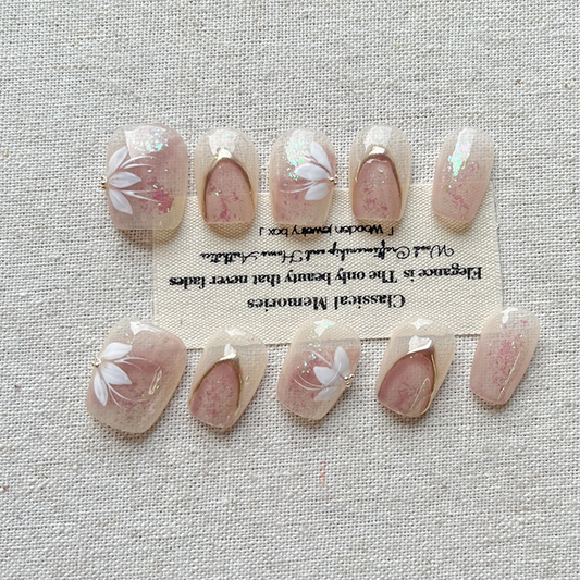 Wonderland Flower Language Pure Handmade Press on nails National style Flower Cluster High end Feeling Light Luxury Display White Nail Patch 10 pieces set